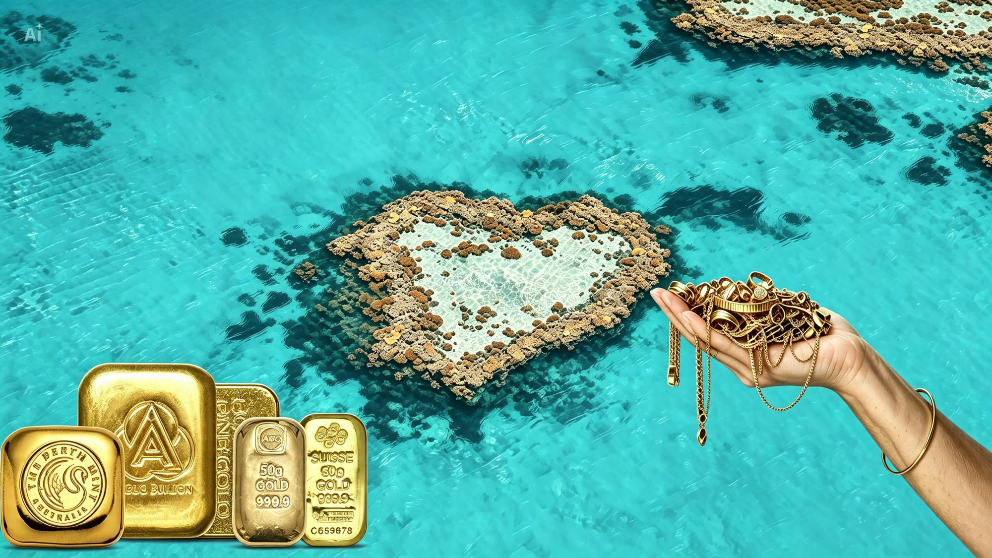 Gold bullion bars and gold jewellery over Whitsundays reef water